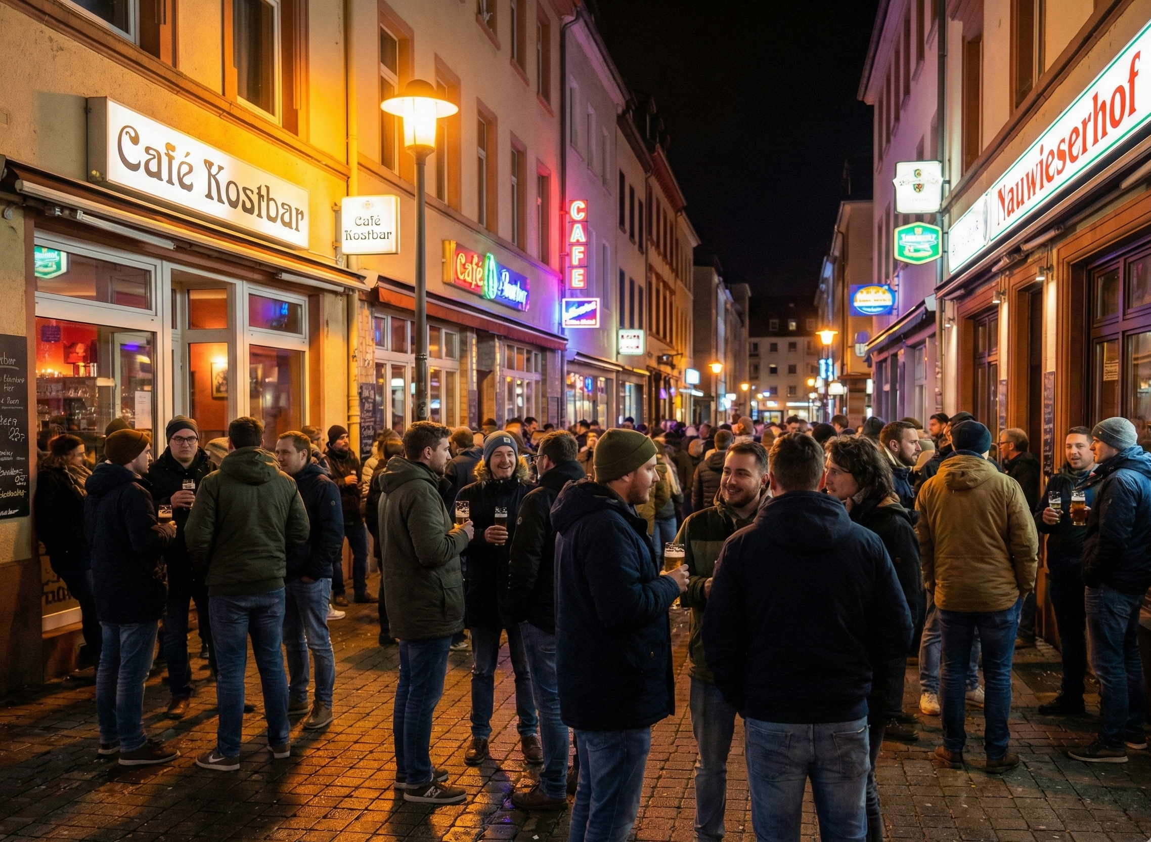 Belebte Straße am St. Johanner Markt bei Nacht